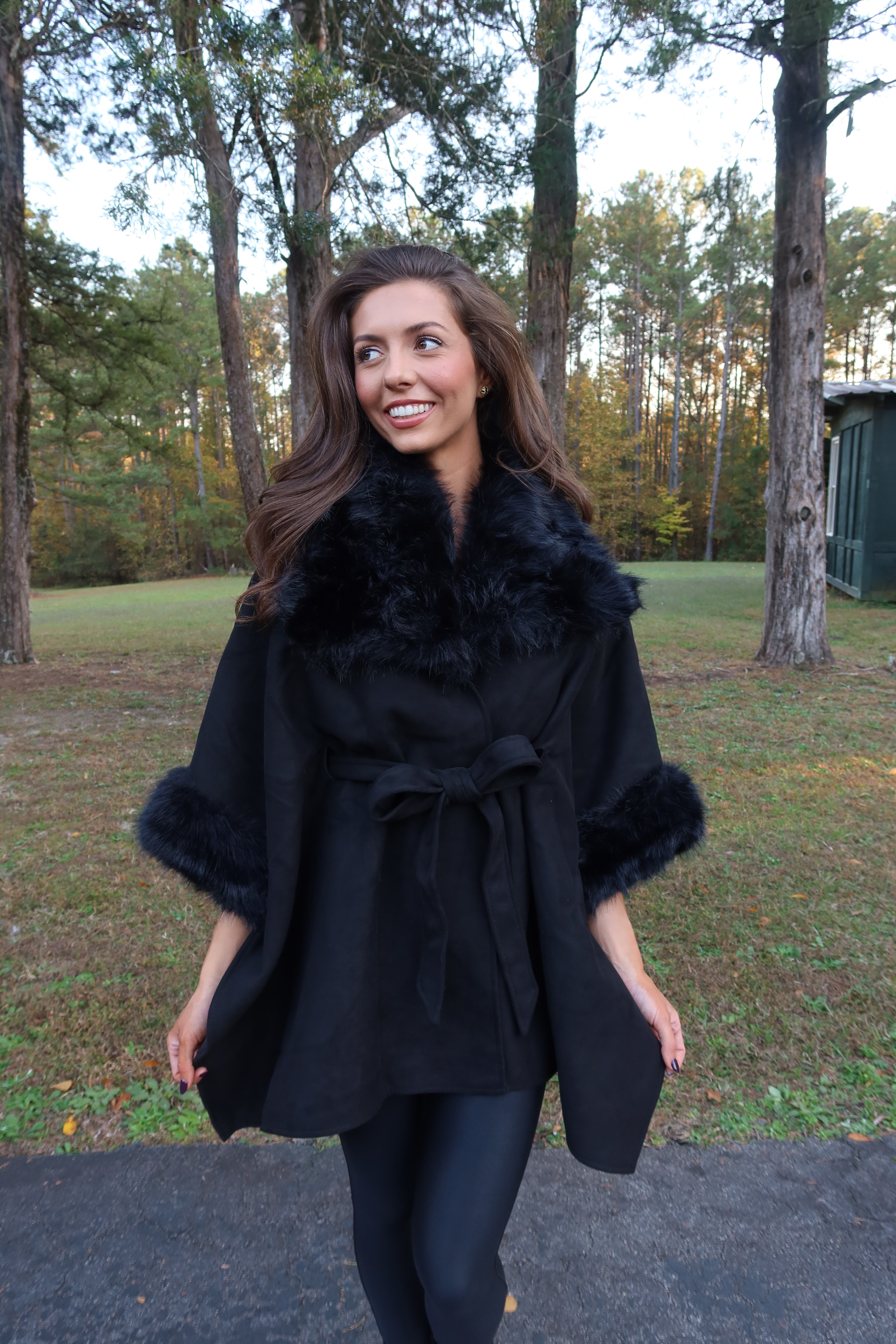 Faux Suede Fur Cape- Black