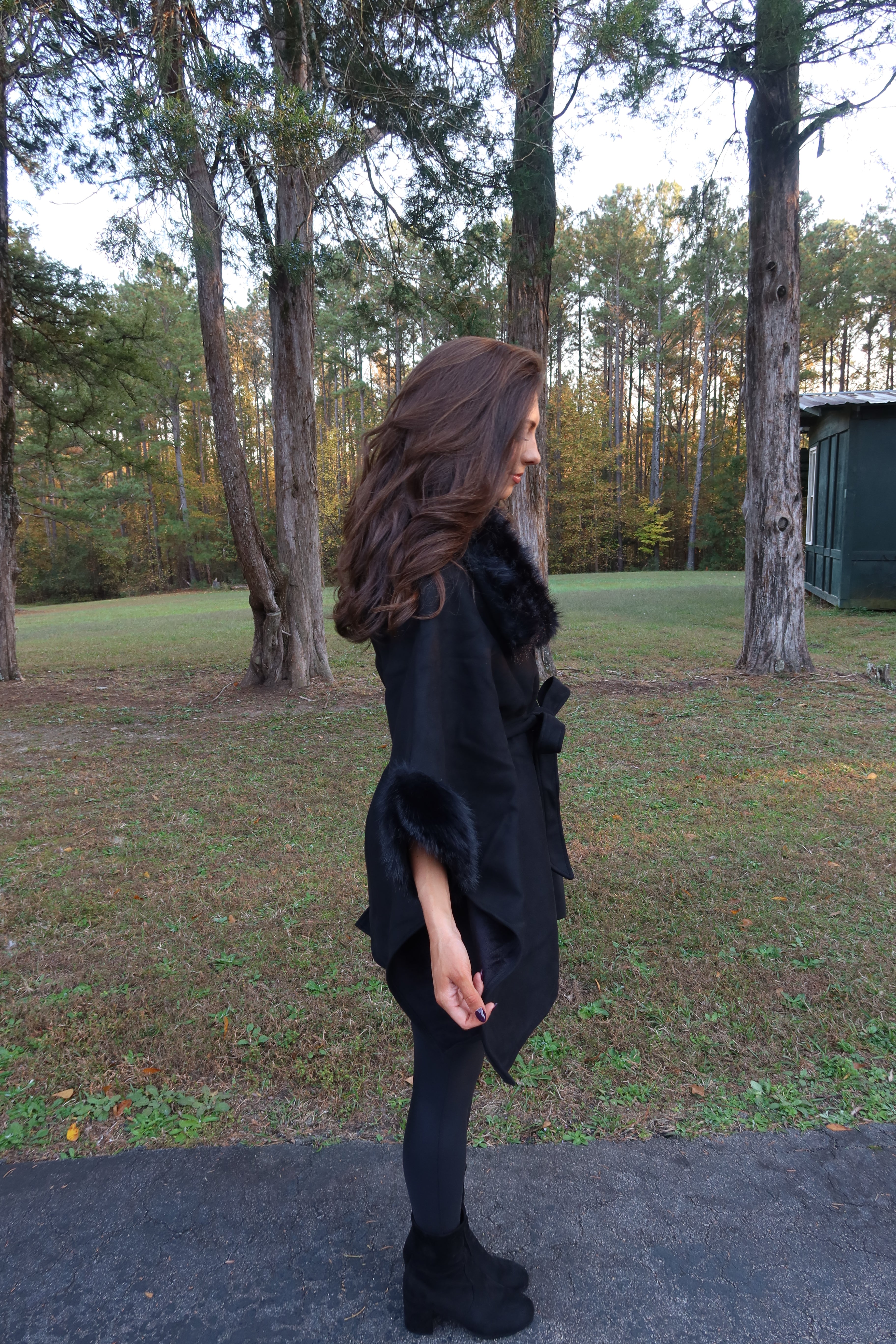 Faux Suede Fur Cape- Black