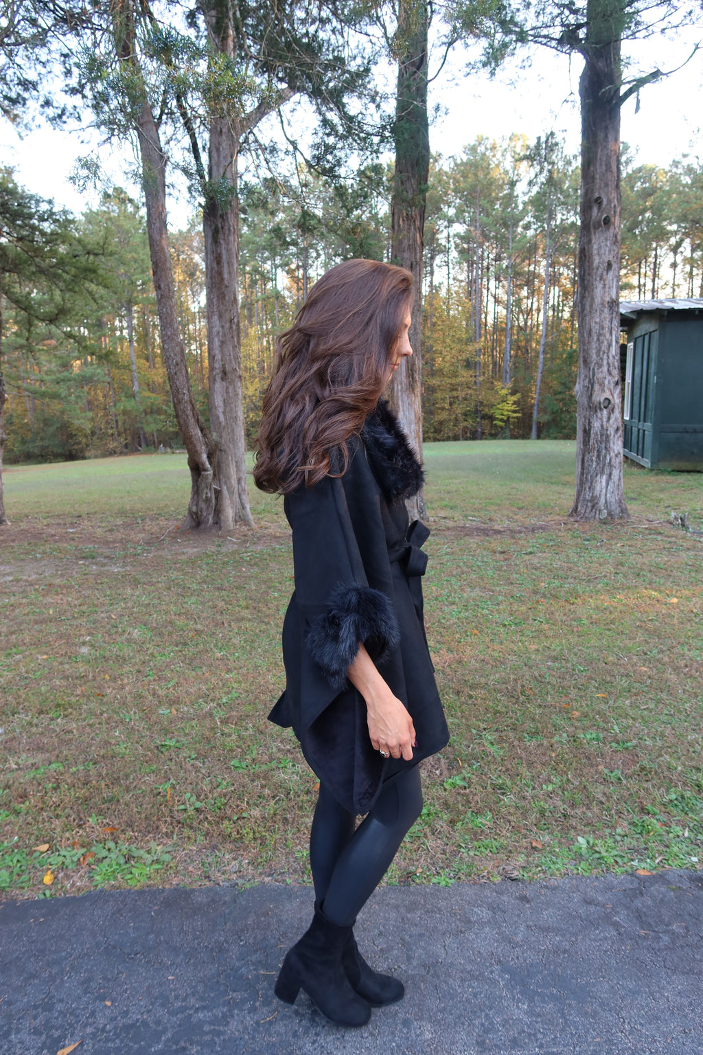 Faux Suede Fur Cape- Black