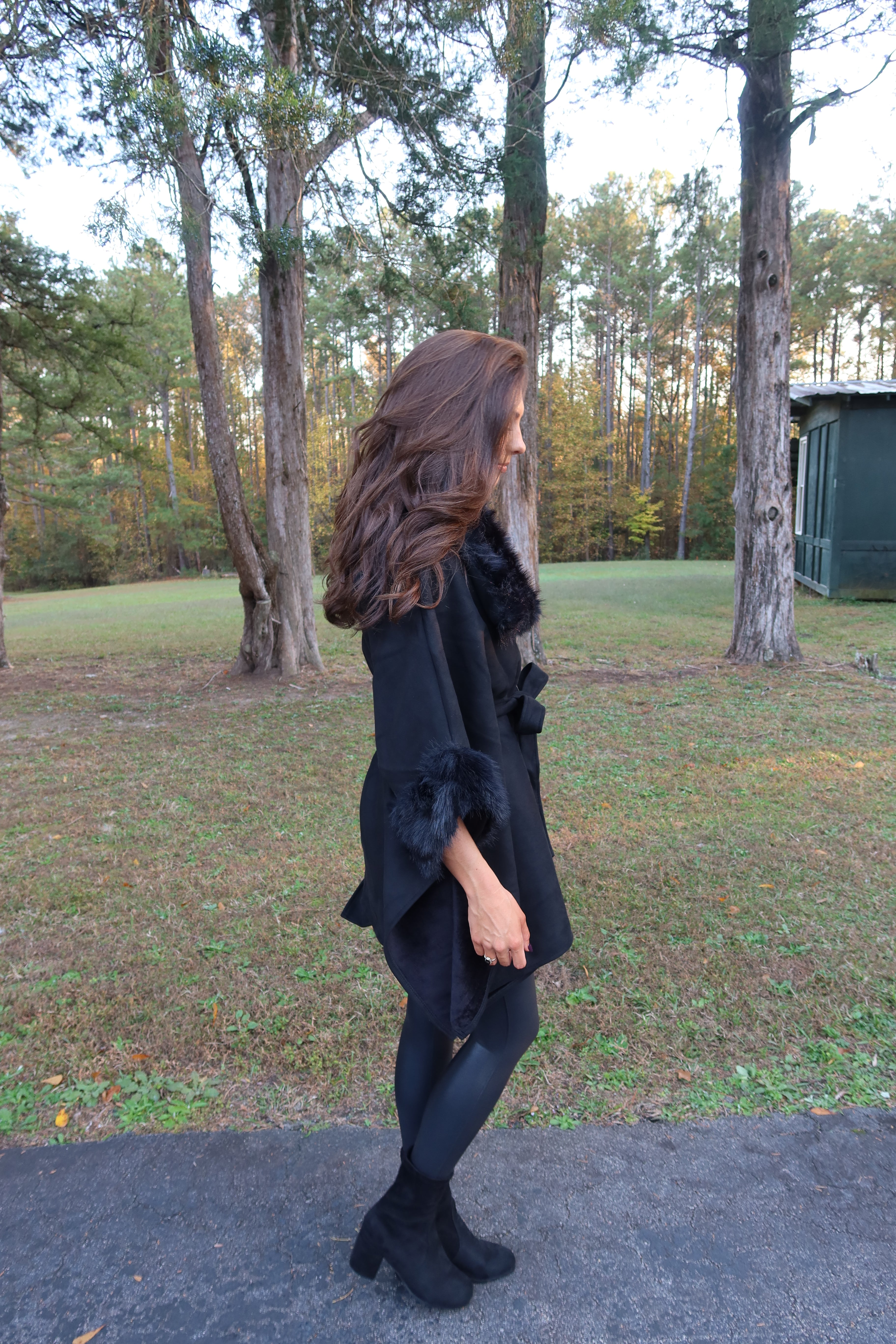 Faux Suede Fur Cape- Black