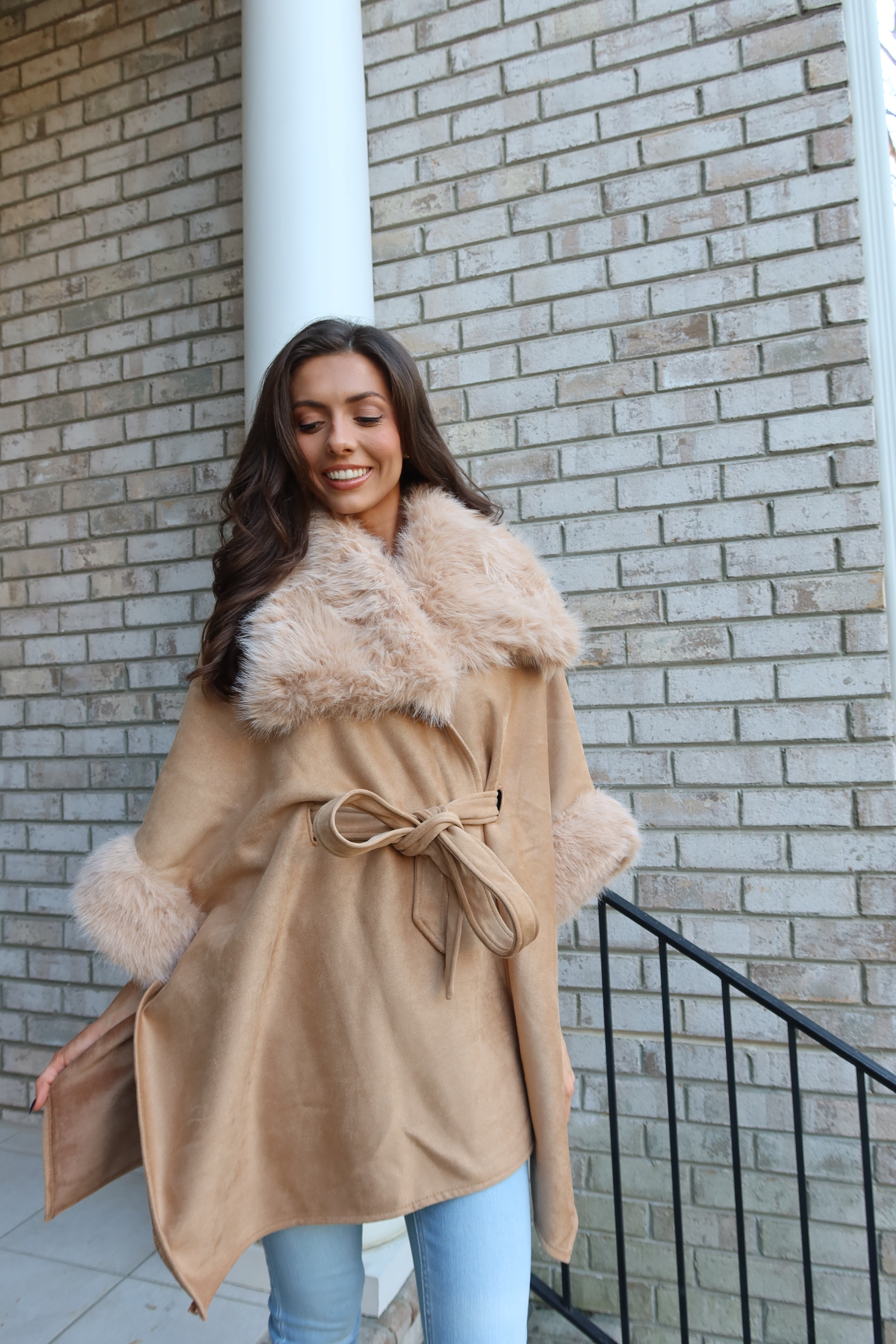 Faux Suede Fur Cape- Tan