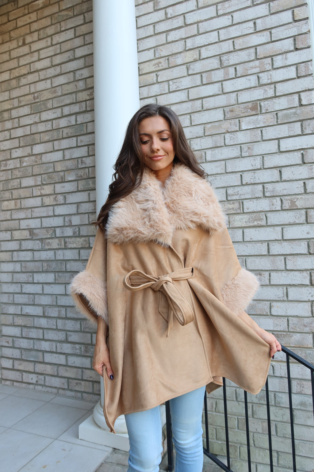 Faux Suede Fur Cape- Tan
