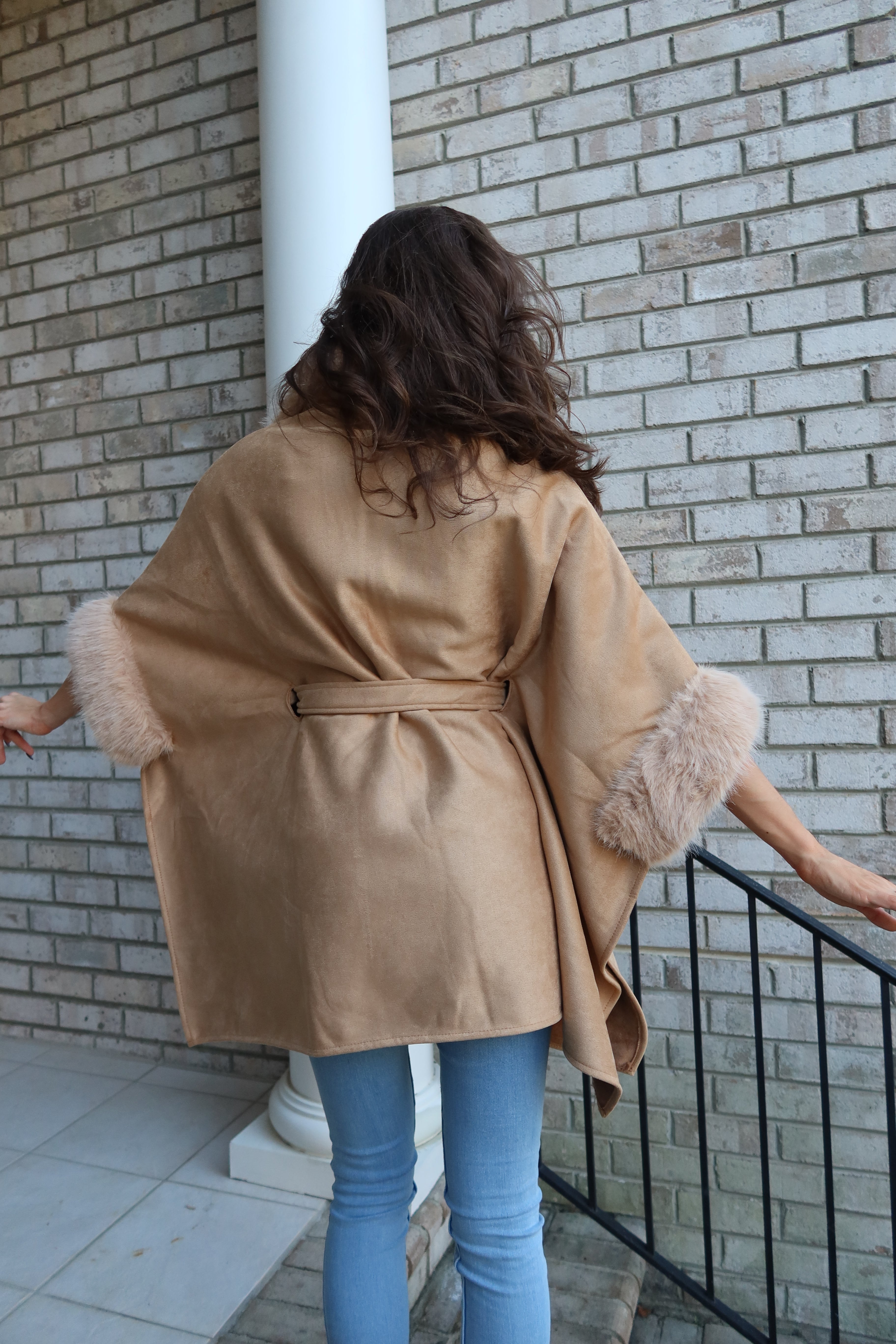 Faux Suede Fur Cape- Tan