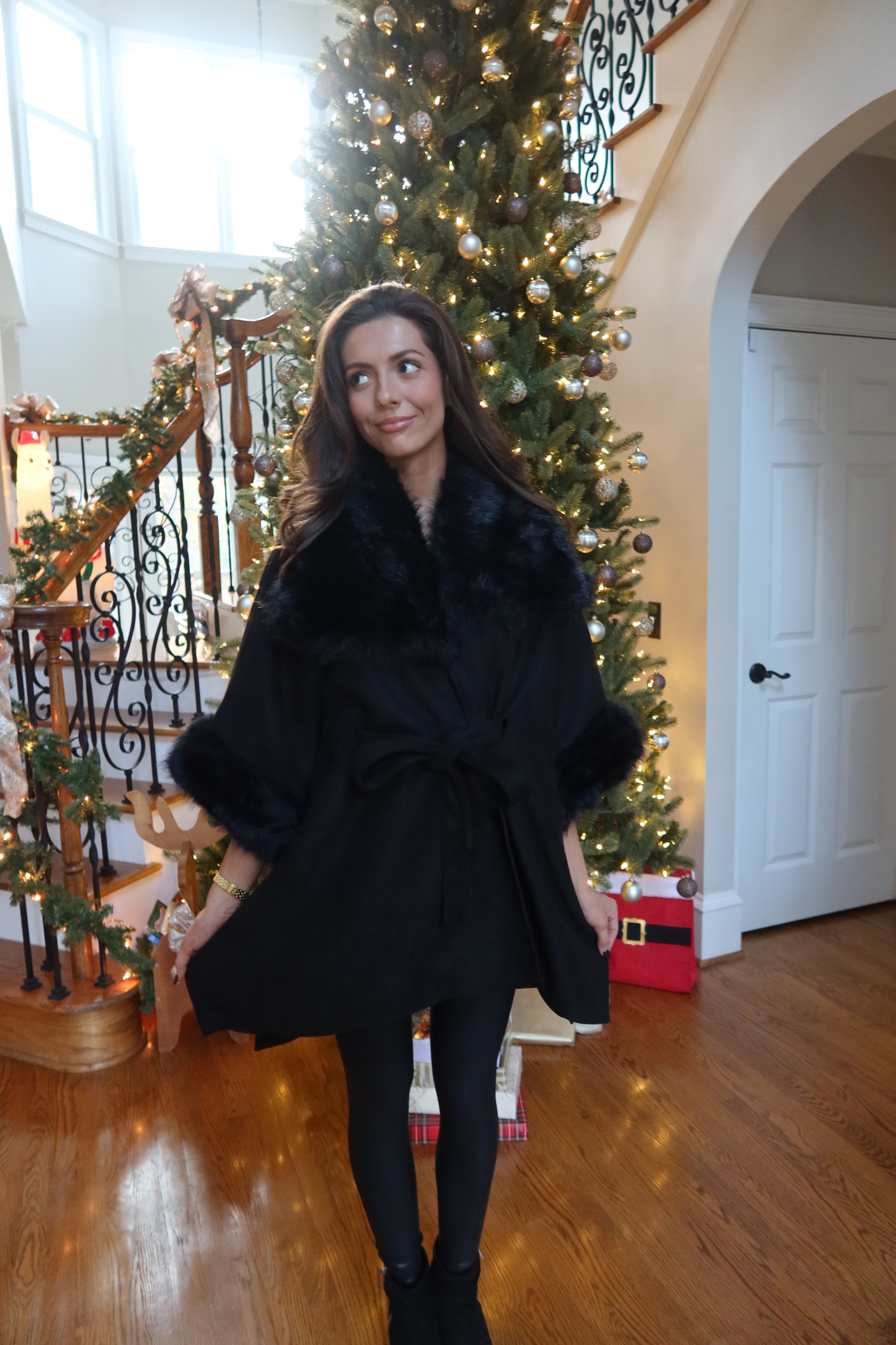 Faux Suede Fur Cape- Black