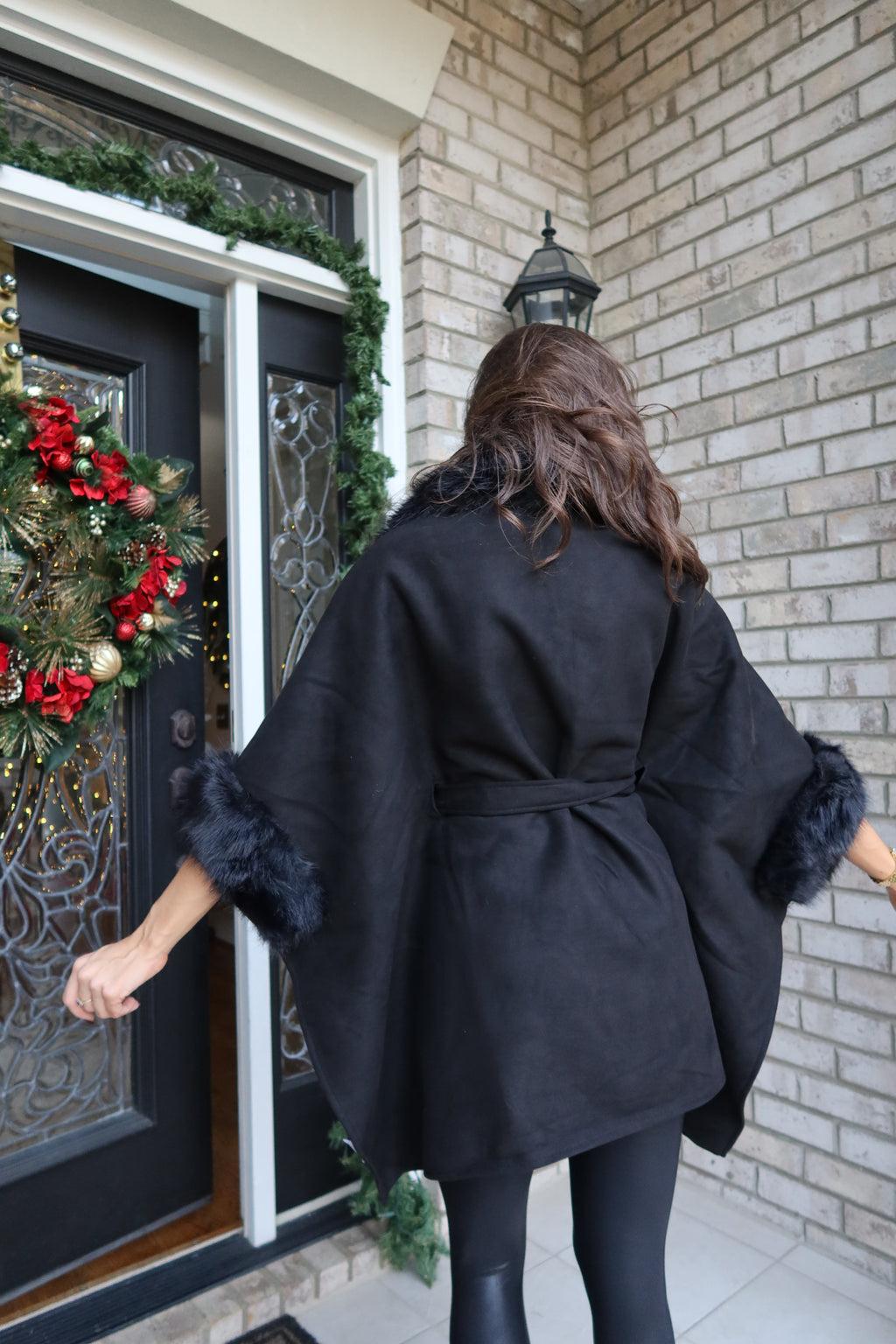 Faux Suede Fur Cape- Black