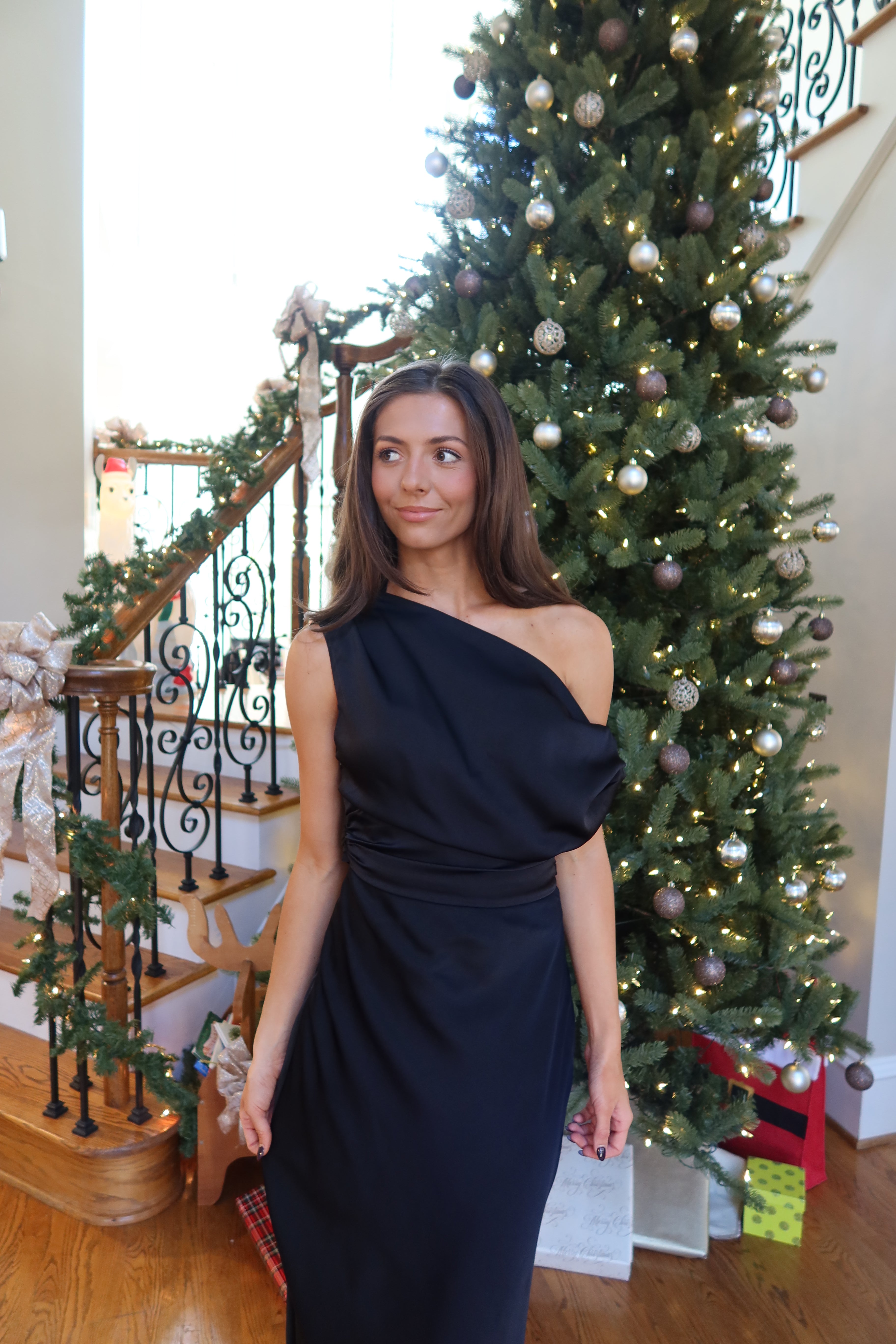 Adrianna Satin One Shoulder Maxi Dress- Black