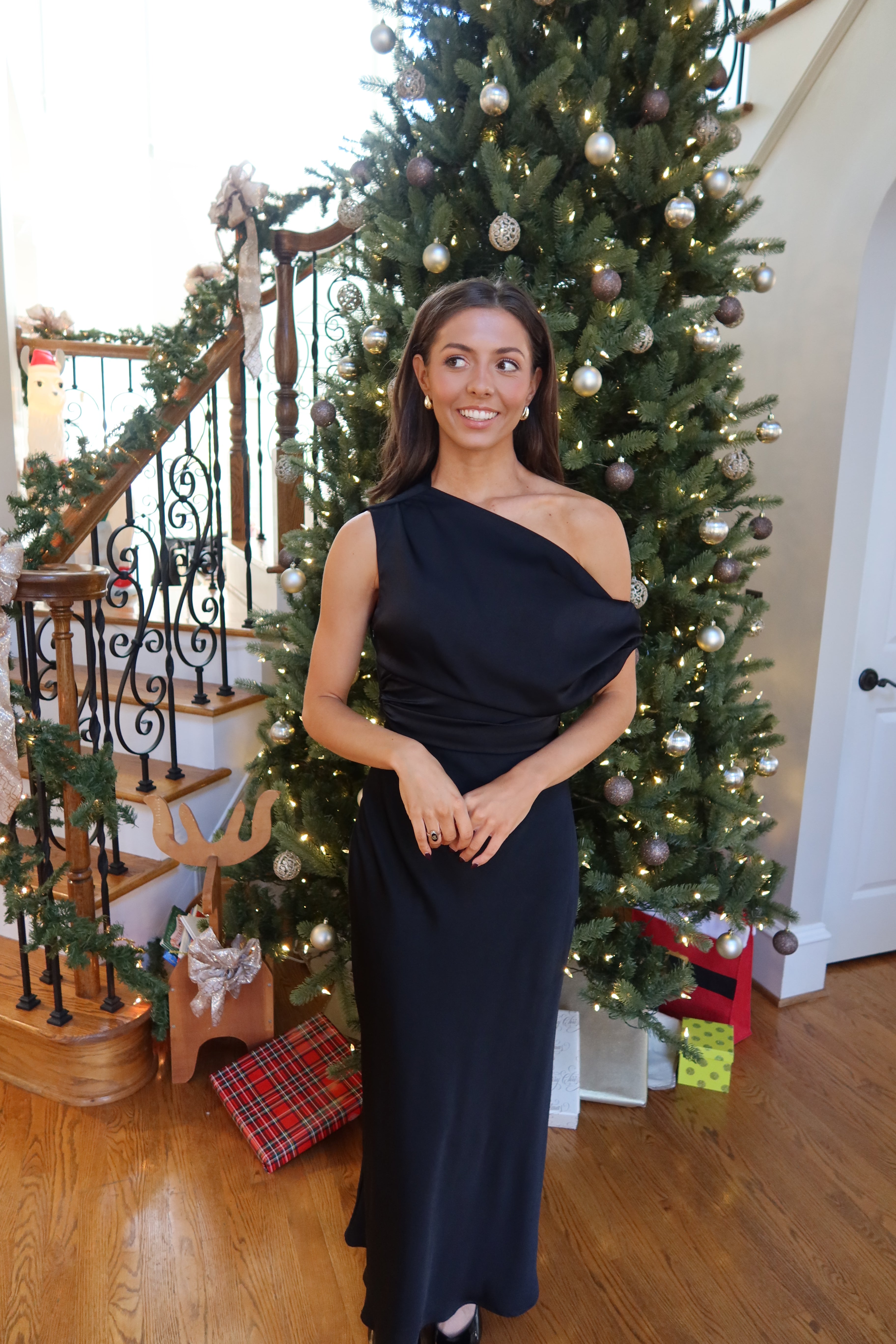 Adrianna Satin One Shoulder Maxi Dress- Black