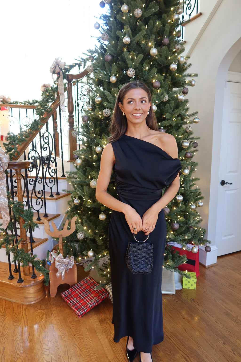 Adrianna Satin One Shoulder Maxi Dress- Black