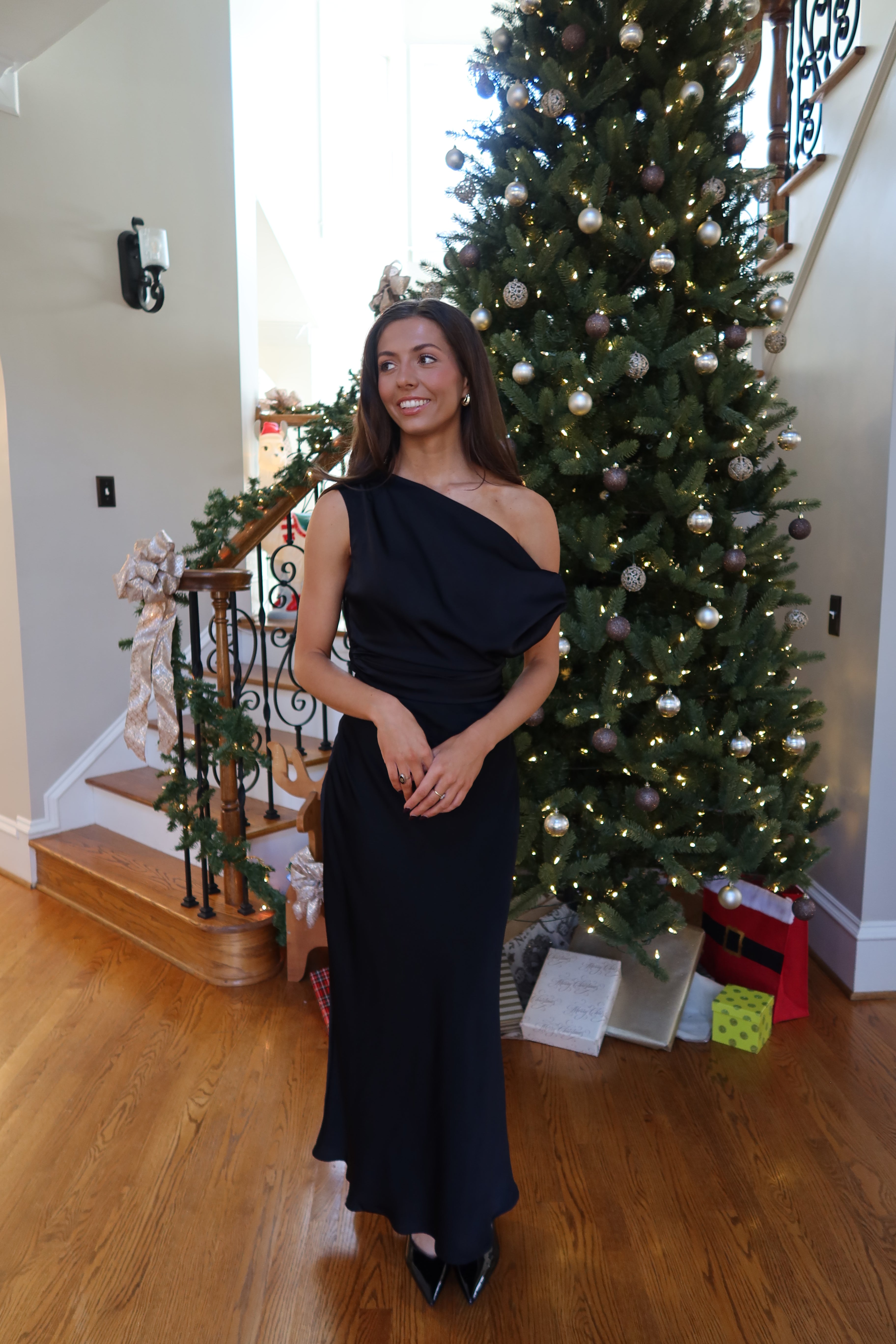 Adrianna Satin One Shoulder Maxi Dress- Black