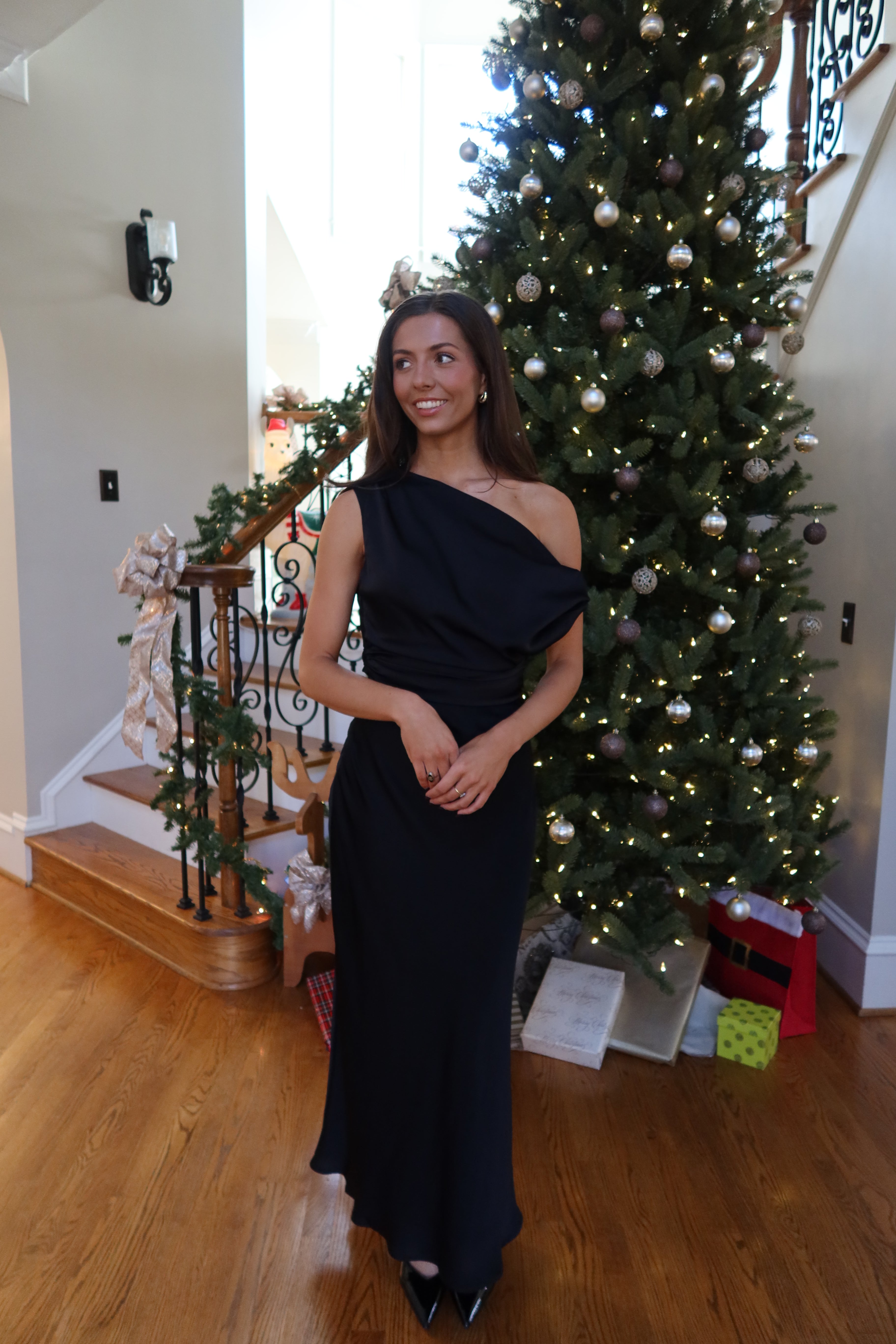 Adrianna Satin One Shoulder Maxi Dress- Black