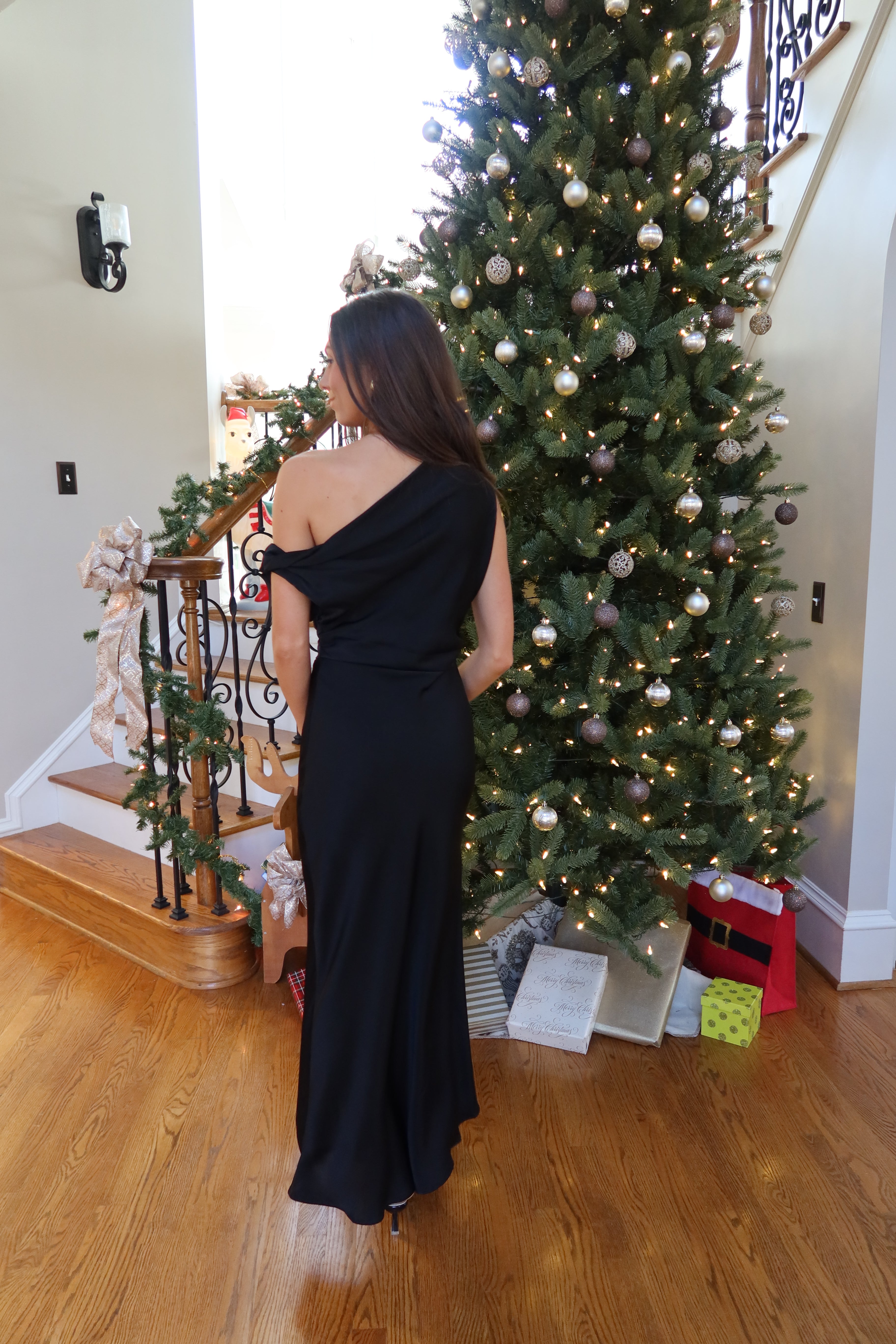 Adrianna Satin One Shoulder Maxi Dress- Black