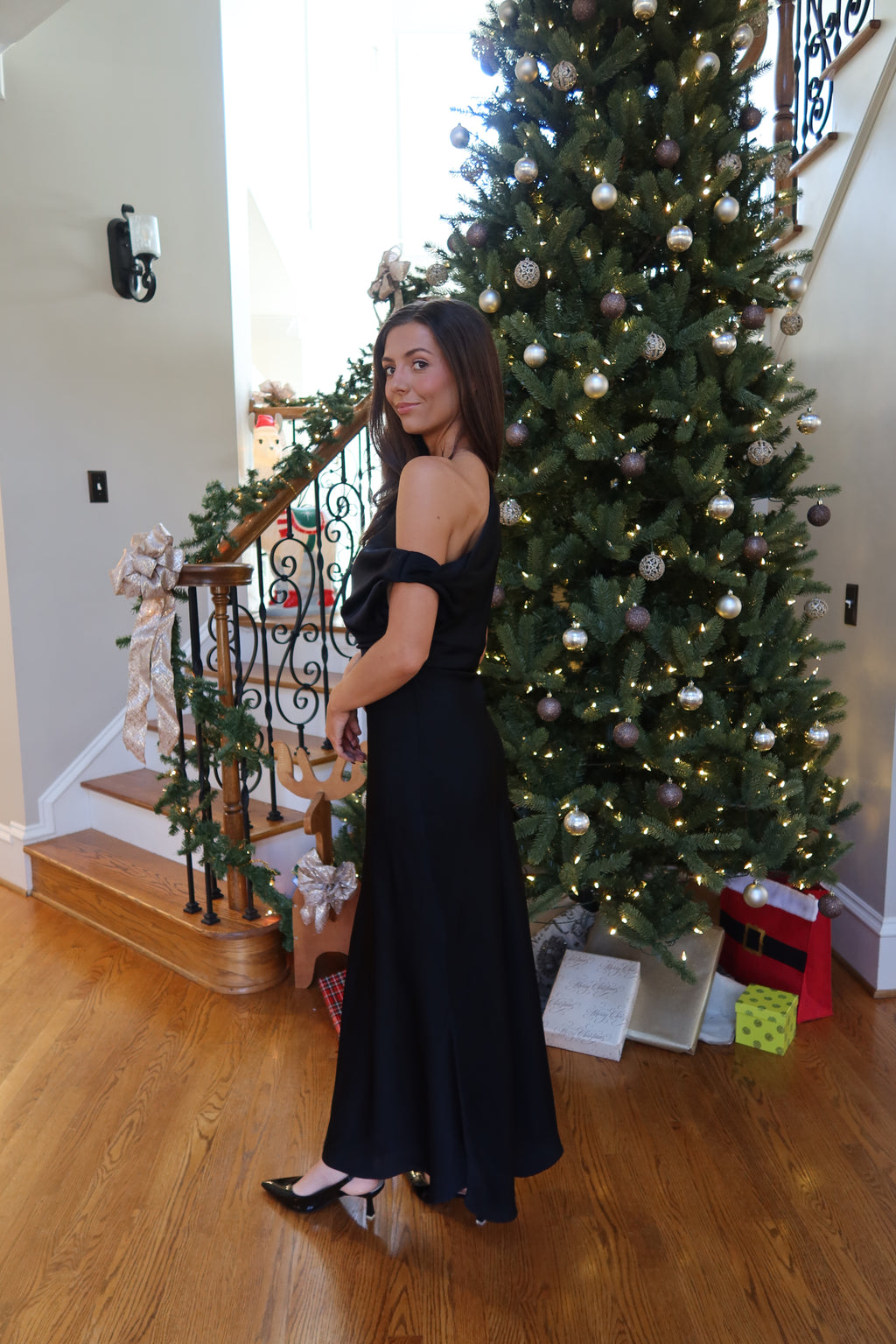 Adrianna Satin One Shoulder Maxi Dress- Black