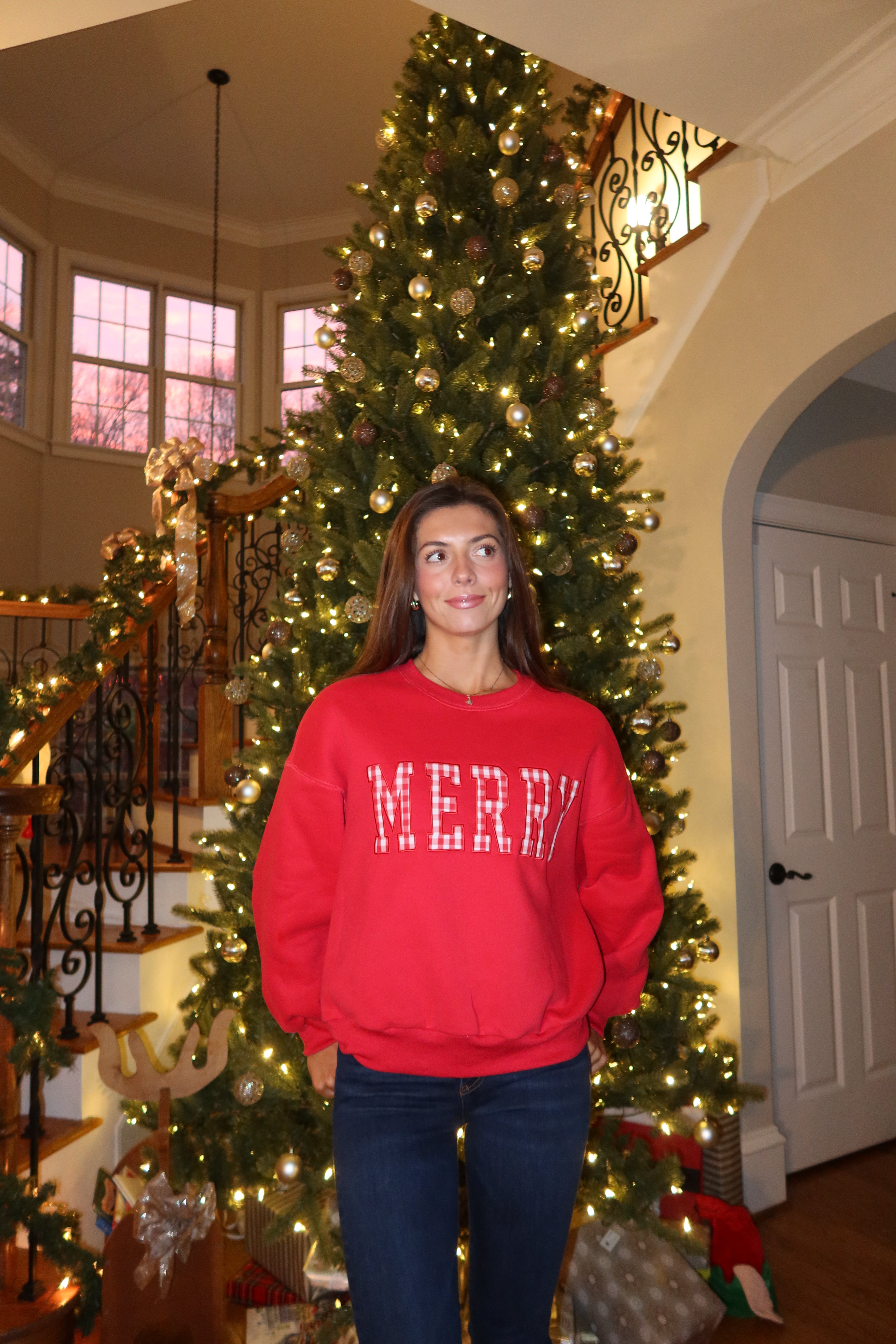 Merry Gingham Crew Neck- Red