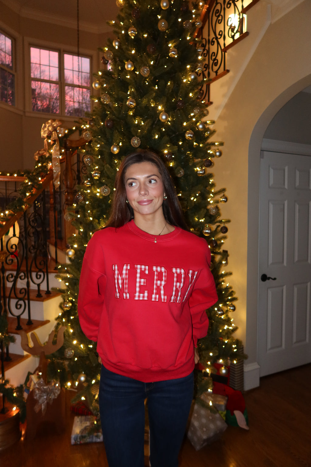 Merry Gingham Crew Neck- Red