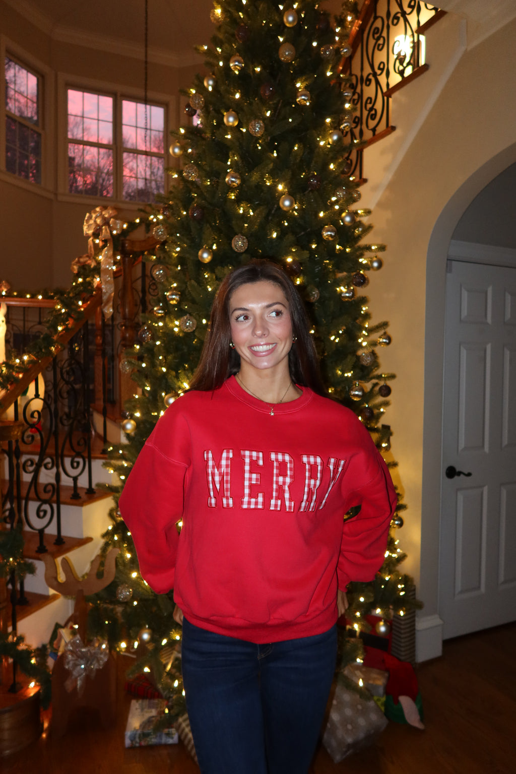 Merry Gingham Crew Neck- Red