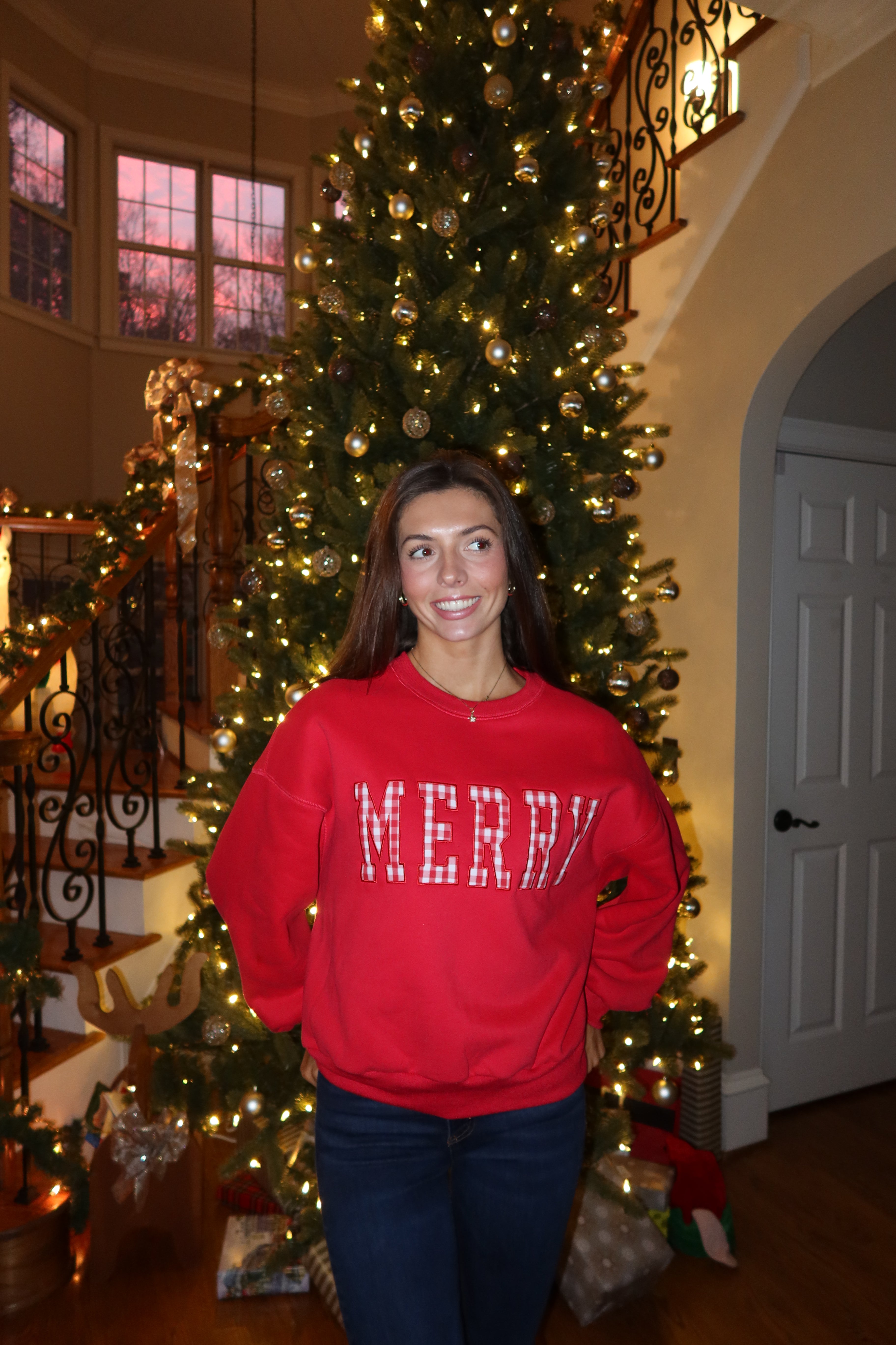 Merry Gingham Crew Neck- Red