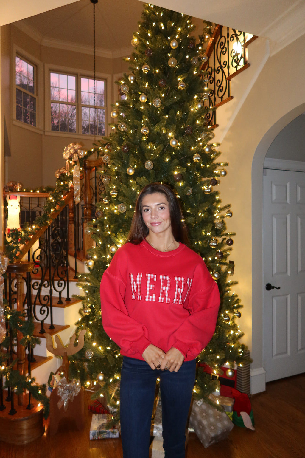 Merry Gingham Crew Neck- Red