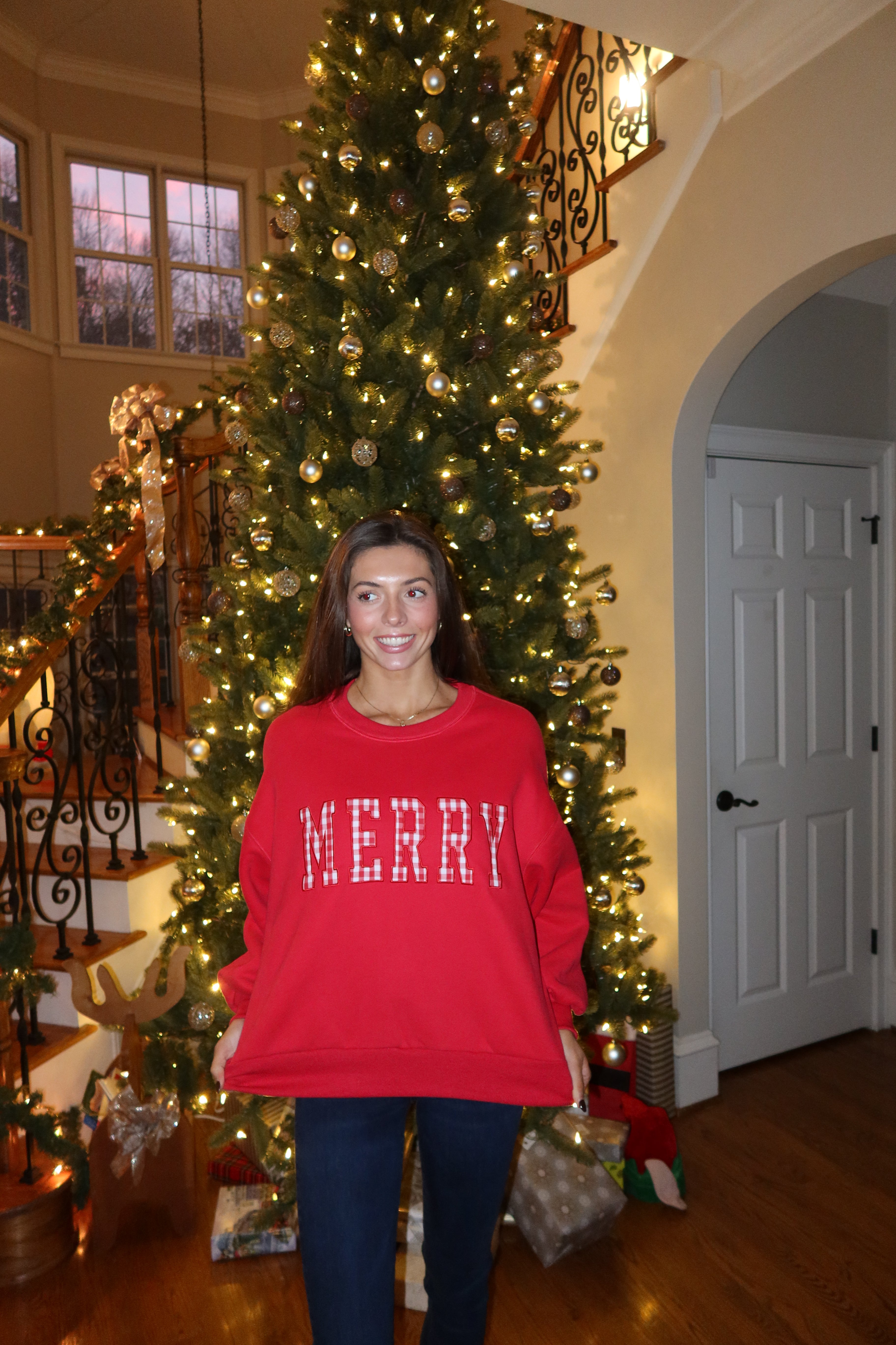 Merry Gingham Crew Neck- Red