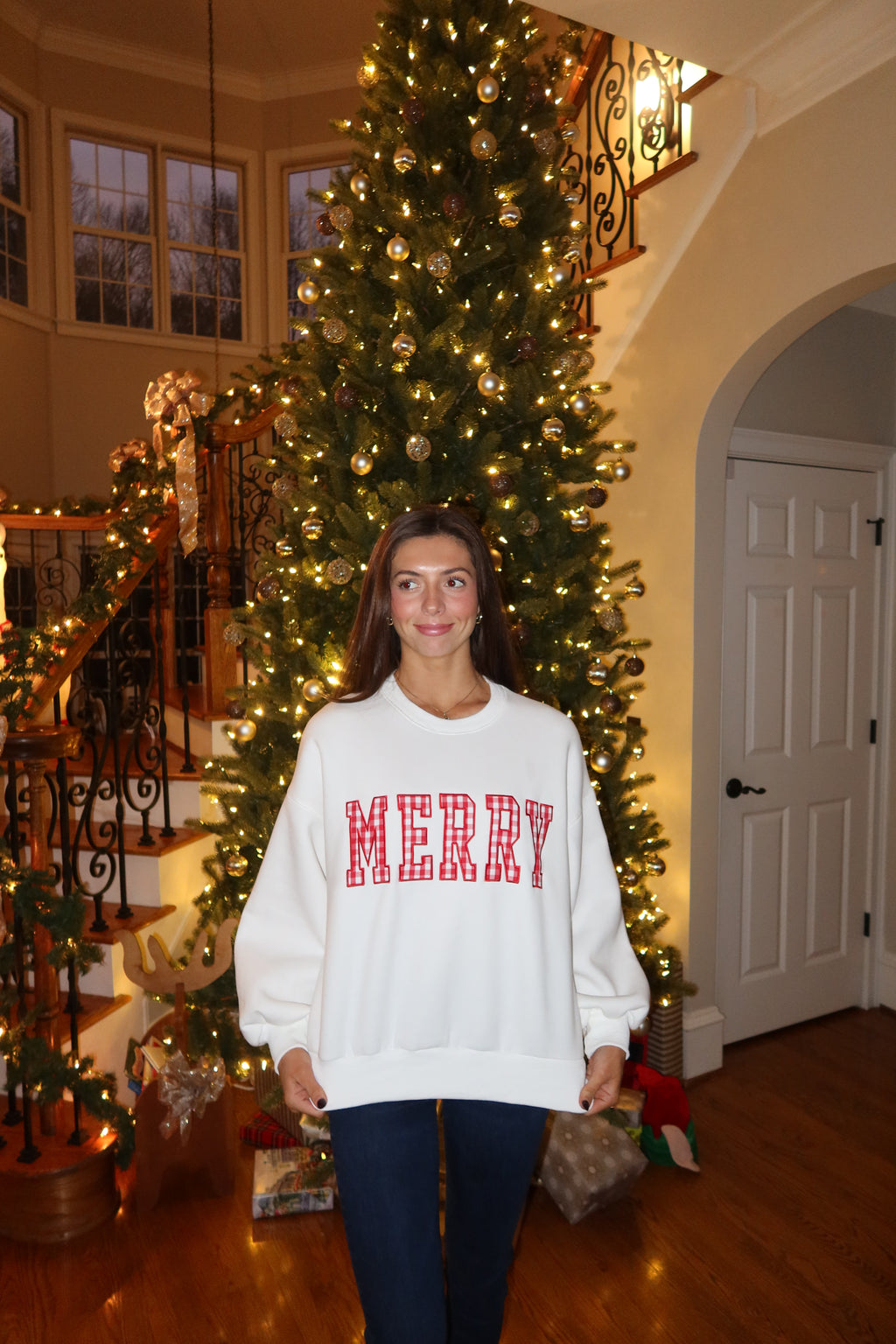Merry Gingham Crew Neck- White