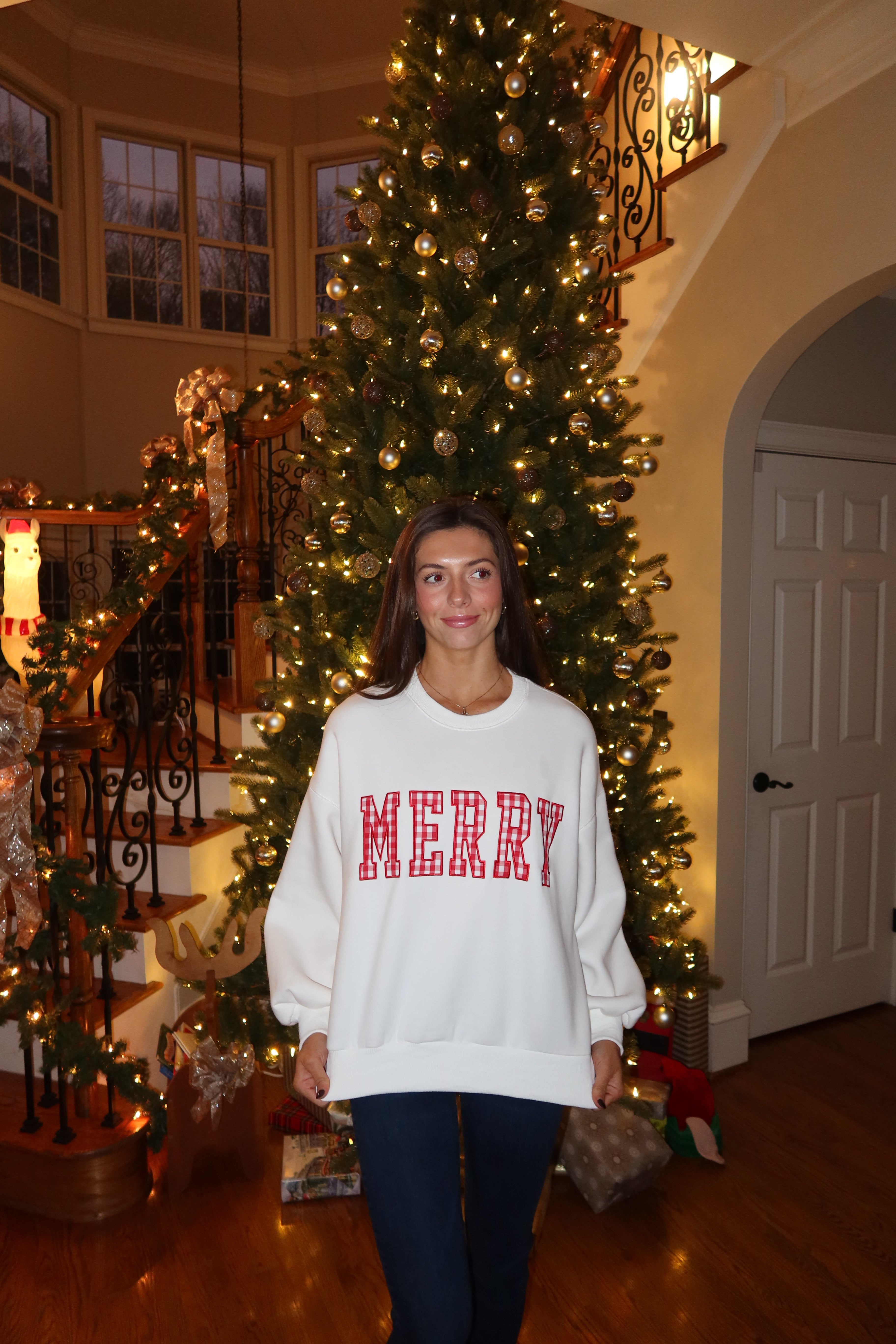 Merry Gingham Crew Neck- White