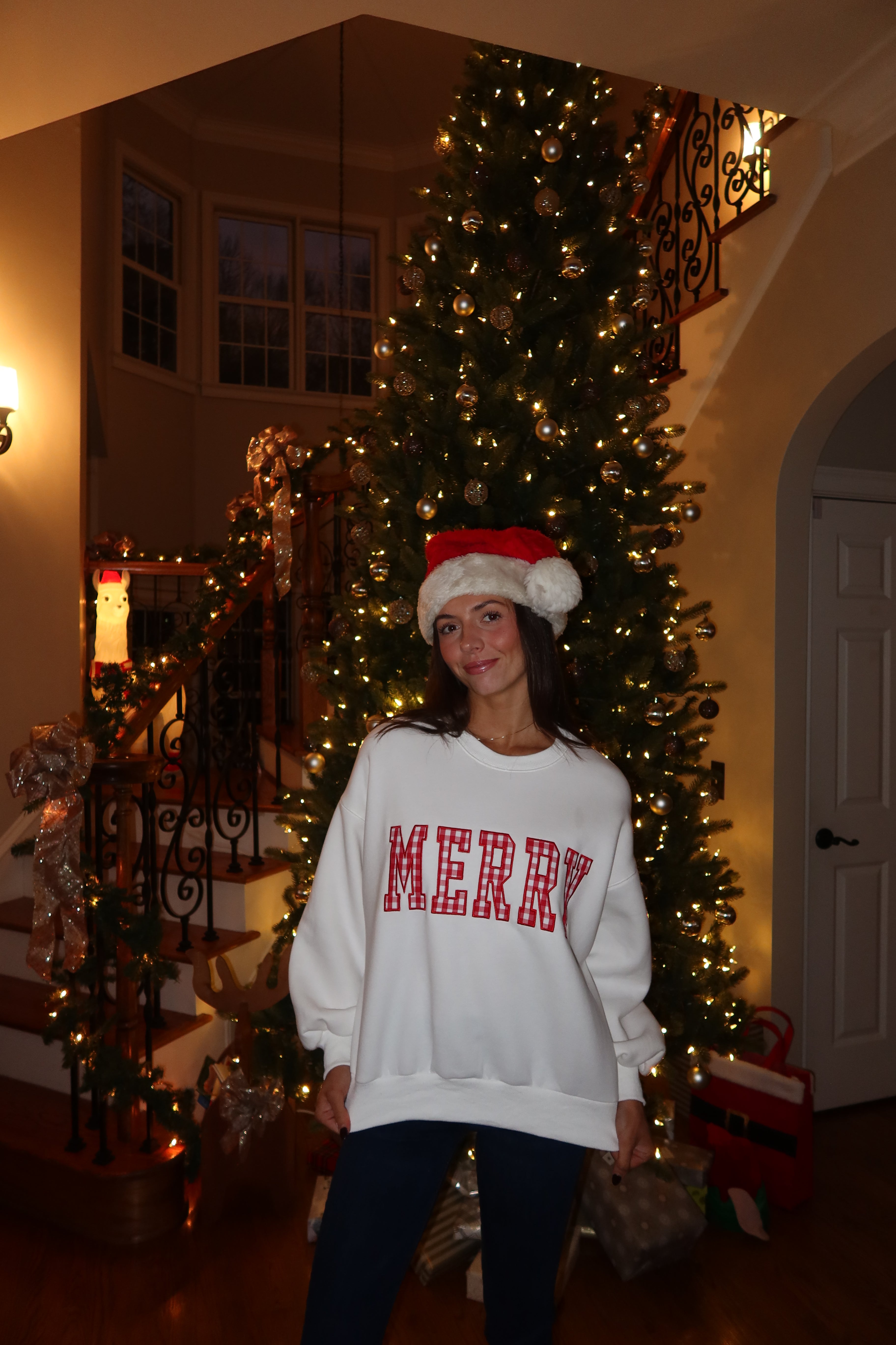 Merry Gingham Crew Neck- White