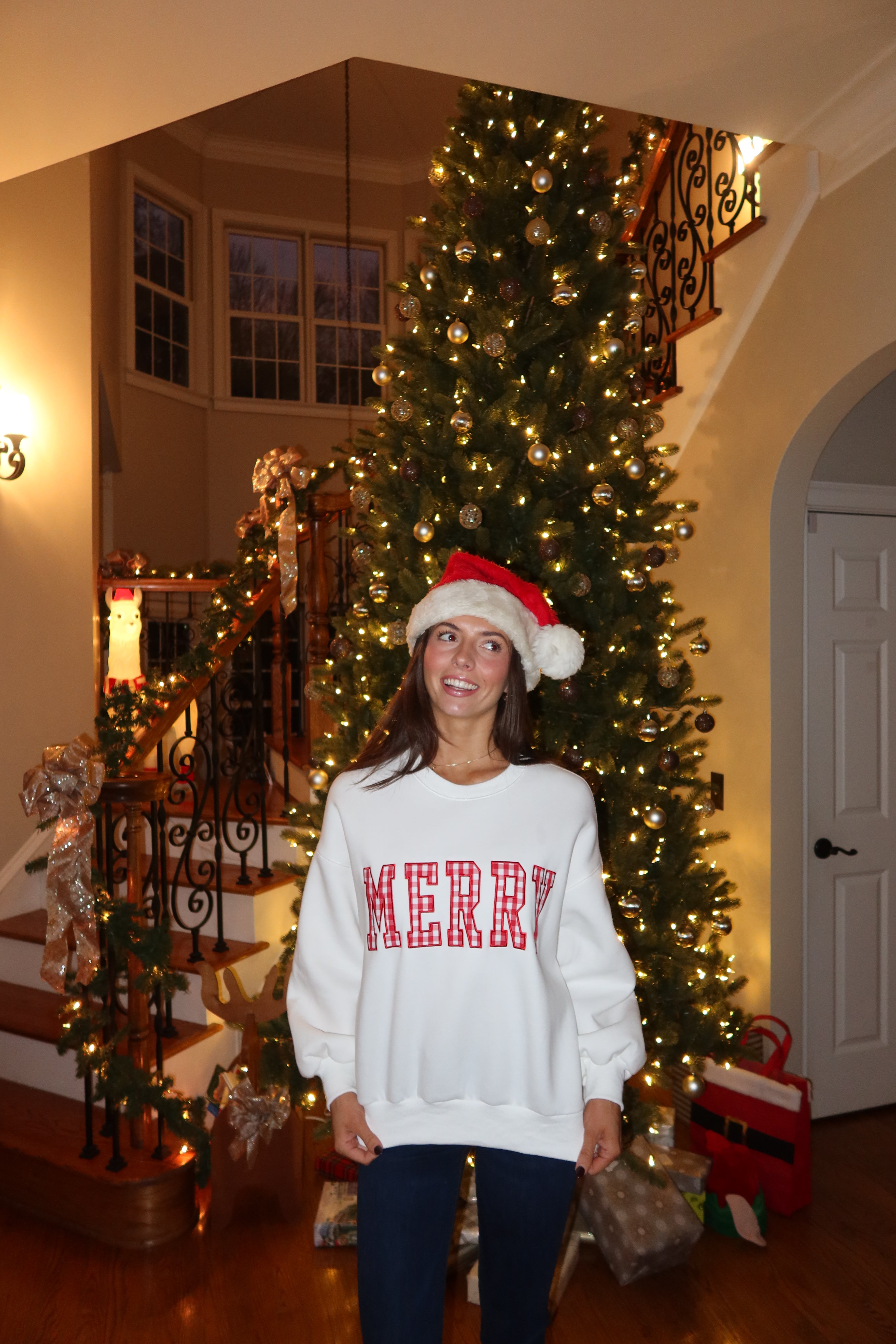 Merry Gingham Crew Neck- White