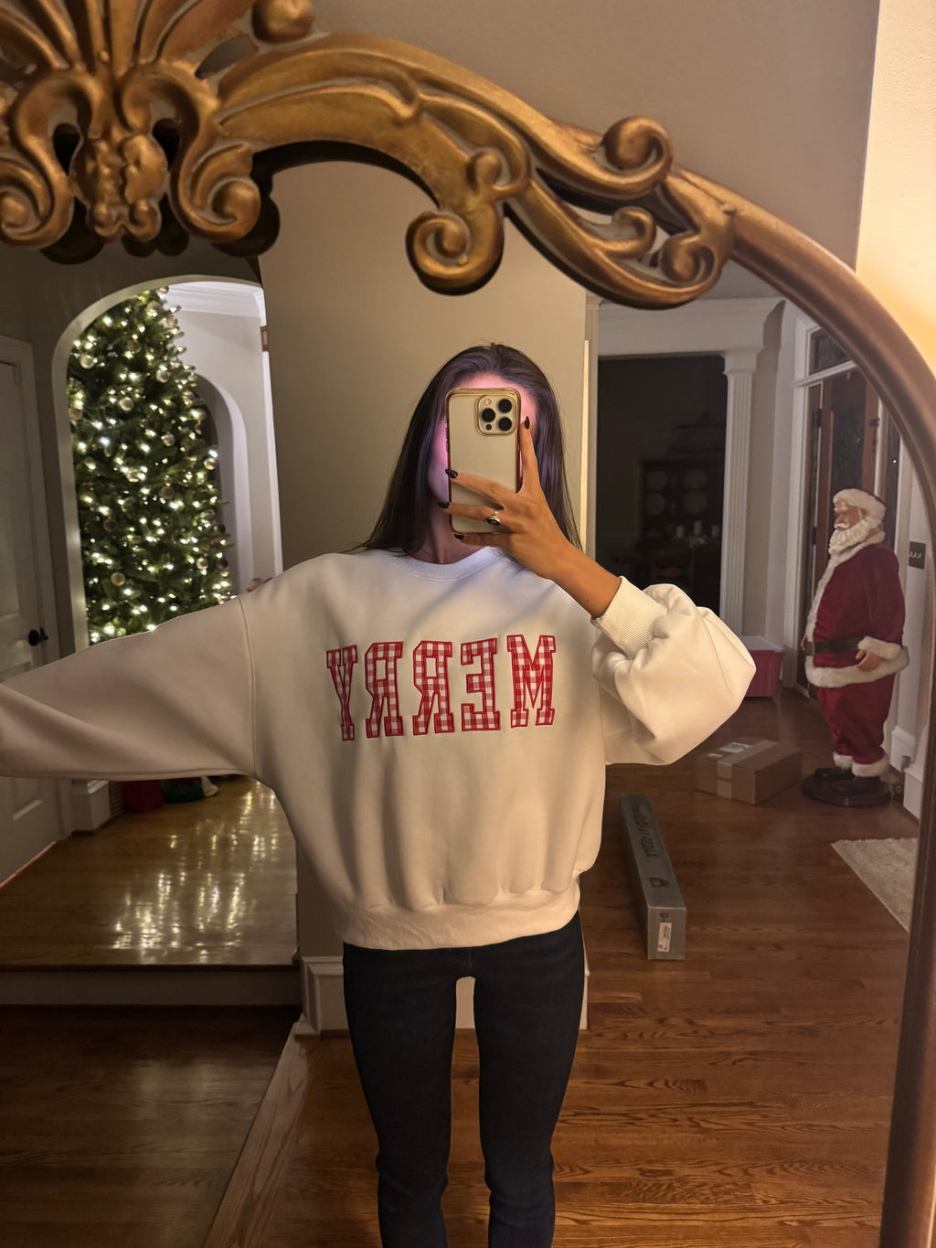 Merry Gingham Crew Neck- White